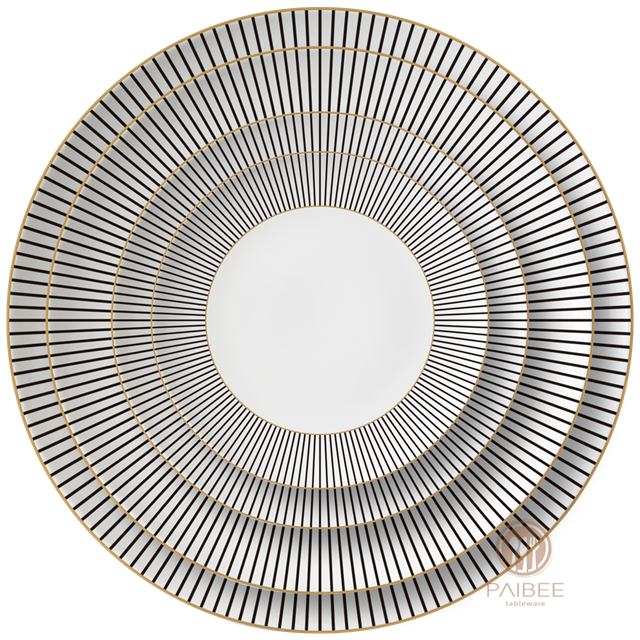 Black And Gold Minimalist Striped Dinner Plate with Gold Border