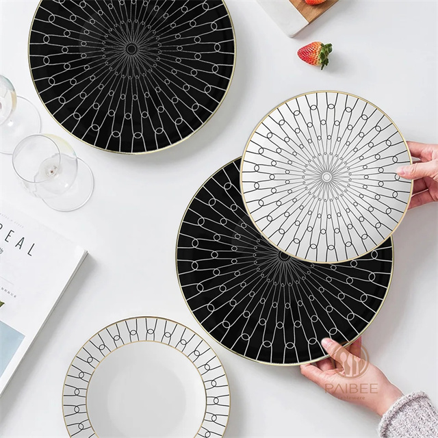  Sample Available Wedding Hotel Decoration Fruit Plate Fashion Floral Black White Bone China Set Dessert Dinner Plate