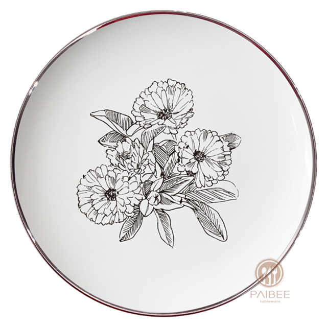 Simple Bone China Plate with Painted Flowers, Suitable for Wedding Party Furniture Dinner Plate