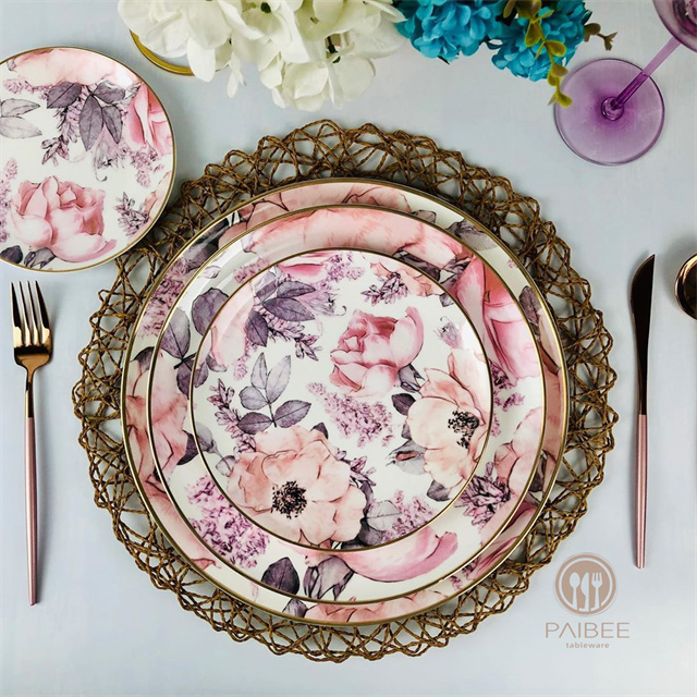Creative And Beautiful Floral American Pastoral Style Ceramic Dinner Plate with Gold Edge