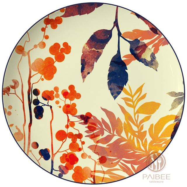 Countryside autumn pick with berry leaves and old warm yellow background vintage bone china plate