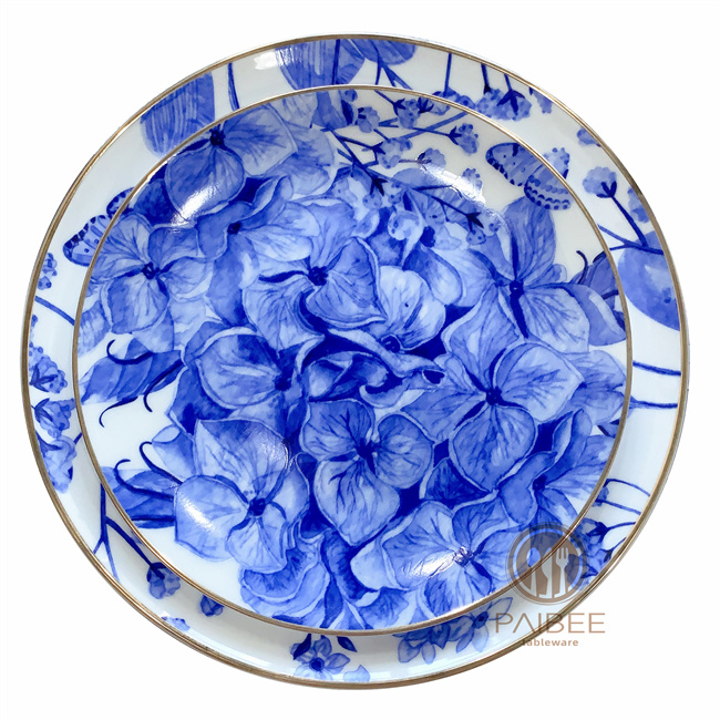 8" Floral Bone China Dessert Plates, Blue And White Porcelain Salad Plate for Pasta