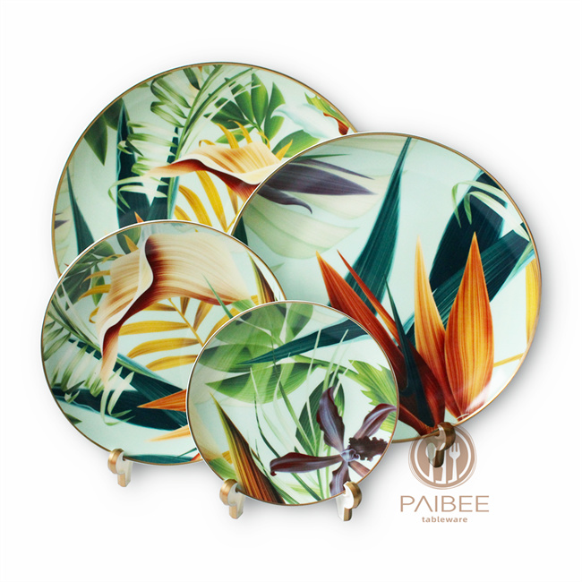 Wholesale Tropical Rainforest Pattern Wedding Dinner Bone China Ceramic Plate Set
