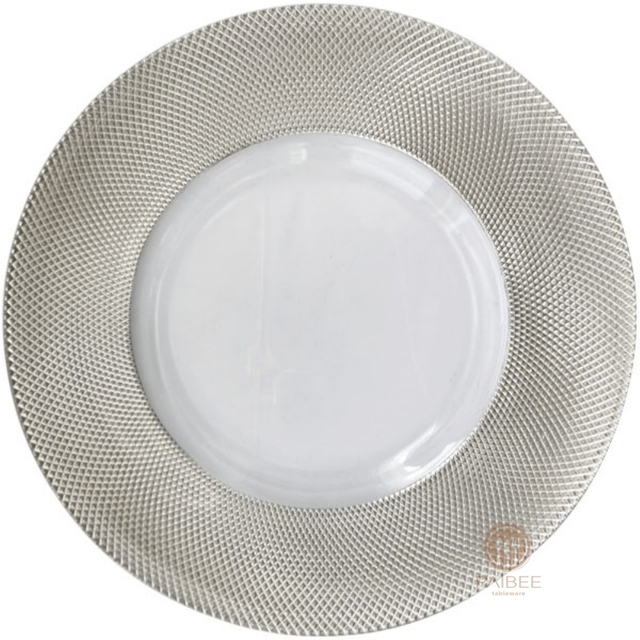Multi-Color Grid Pattern Metallic Rim Crystal Glass Charger Plate with Custom Options