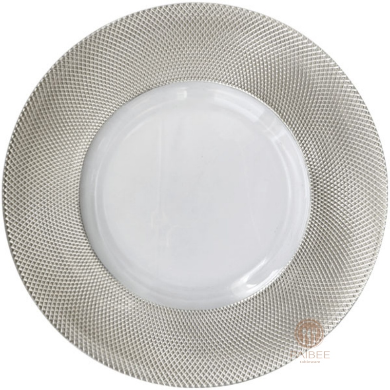 Multi-Color Grid Pattern Metallic Rim Crystal Glass Charger Plate with Custom Options