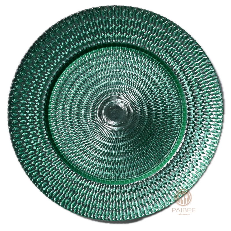 Multi-Color Diamond-Cut Sunburst Crystal Glass Charger Plate with Custom Options
