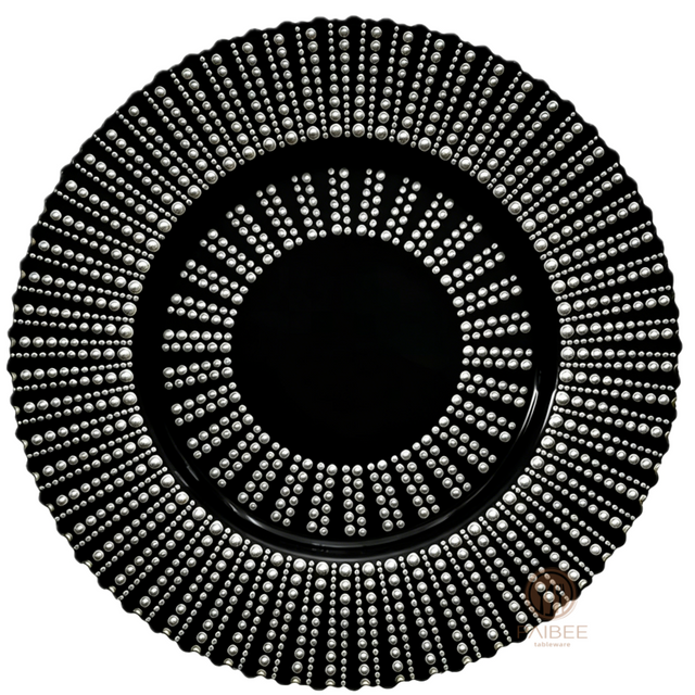 Multi-Color Beaded Dot Pattern Crystal Glass Charger Plate with Custom Options 二、产品关键词（7 个框，覆盖所有卖点）