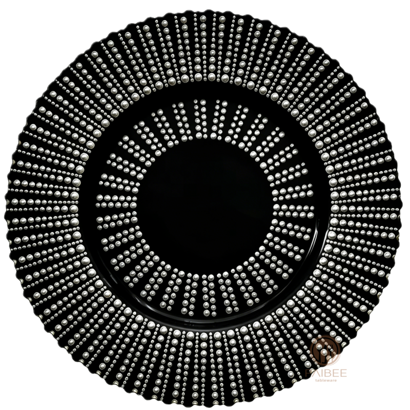 Multi-Color Beaded Dot Pattern Crystal Glass Charger Plate with Custom Options 二、产品关键词（7 个框，覆盖所有卖点）