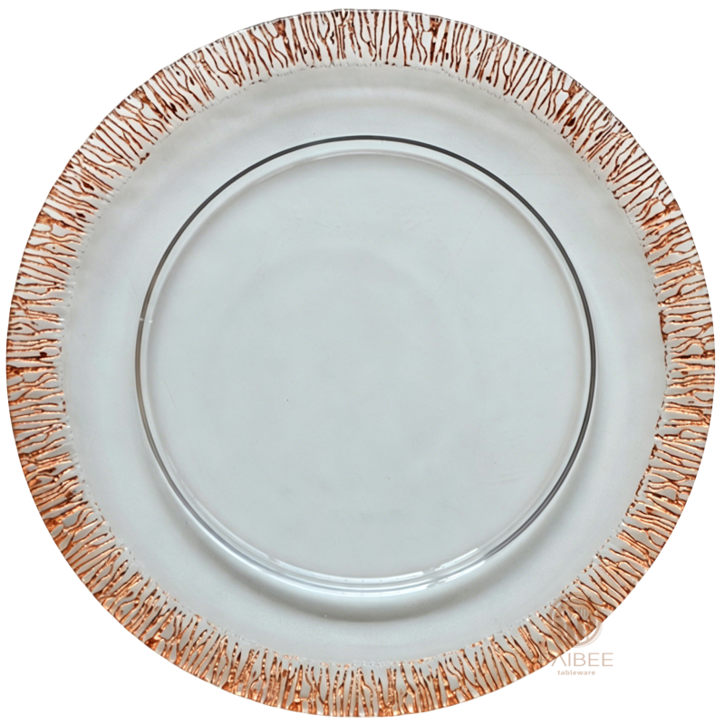 Multi-Color Brushed Rim Crystal Glass Charger Plate with Custom Options