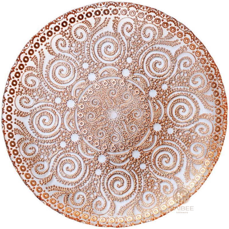 Multi-Color Ornate Swirl Embossed Crystal Glass Charger Plate with Custom Options