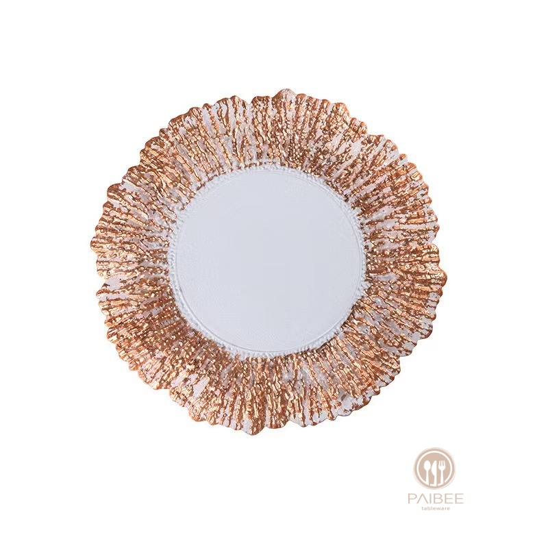 Multi-Color Radiant Metallic Rim Crystal Glass Charger Plate with Custom Options
