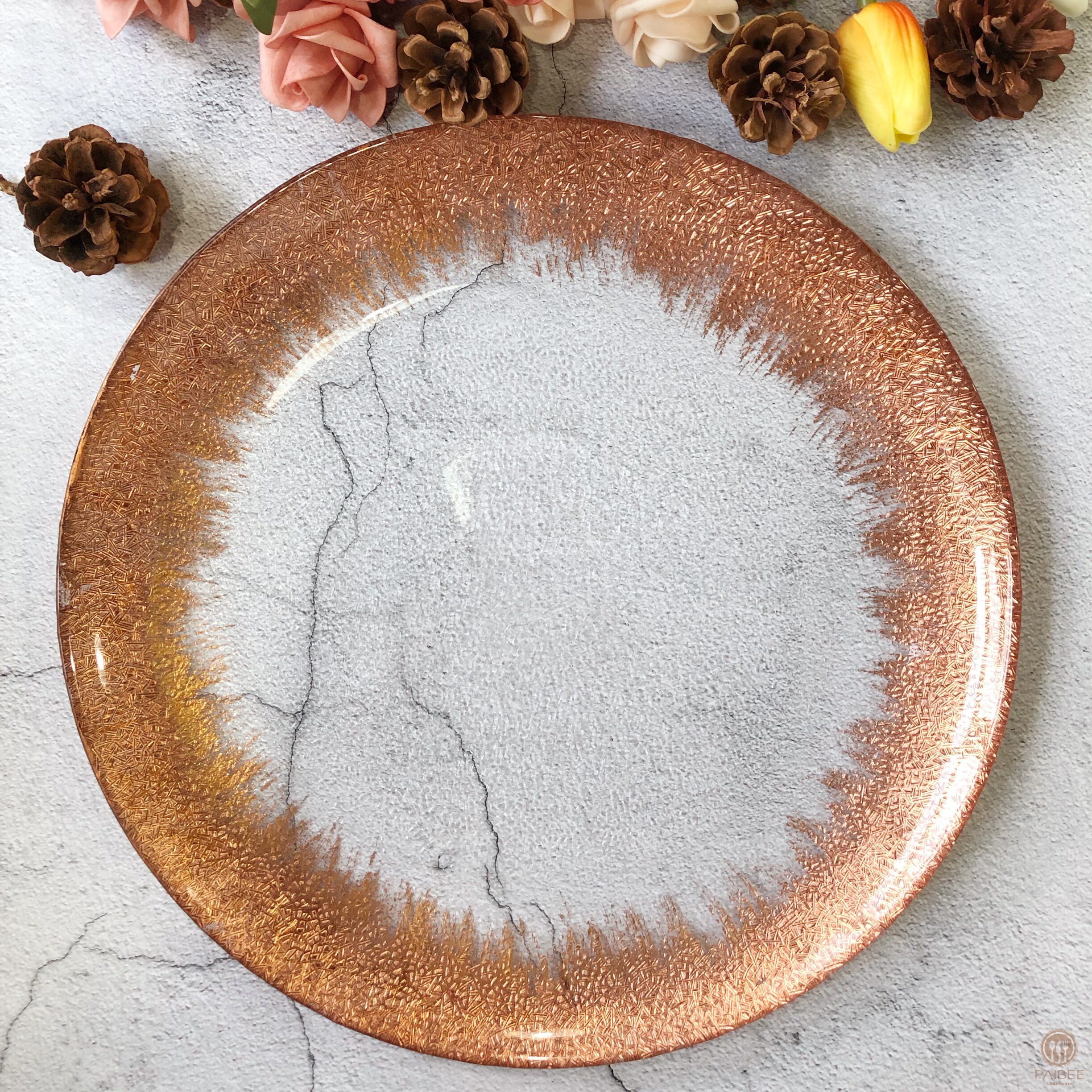  Brush Gold Foil Rim Glass Charger Plates Modern Glam Look Bulk Set Of 4 Table Setting for Wedding
