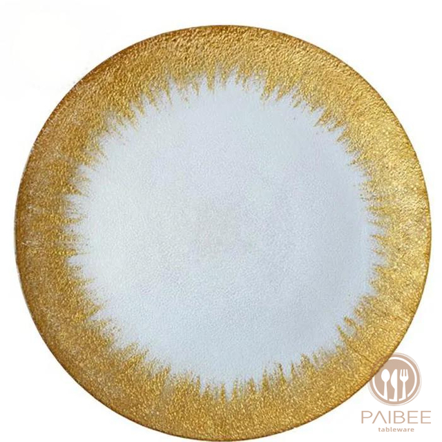  Brush Gold Foil Rim Glass Charger Plates Modern Glam Look Bulk Set Of 4 Table Setting for Wedding