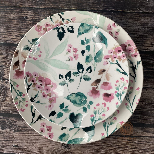 Floral Pattern Ceramic Dinner Plate Set Wedding Suitable Home Decoration