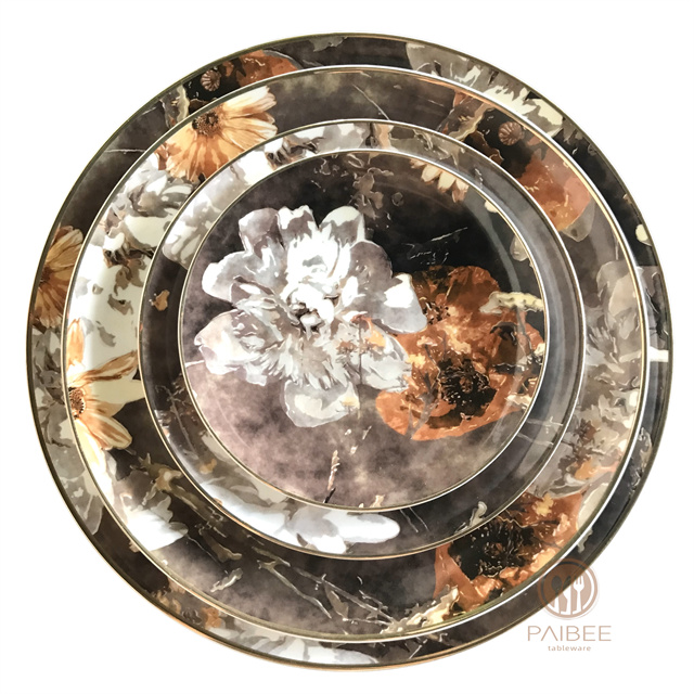 Oil painting style floral bone china plate creative western plate tableware set