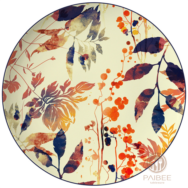 Countryside autumn pick with berry leaves and old warm yellow background vintage bone china plate