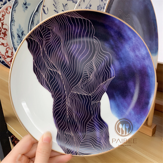 Matte Gold Rimmed Ceramic Plate Porcelain Dinner Bone China Plates Sets