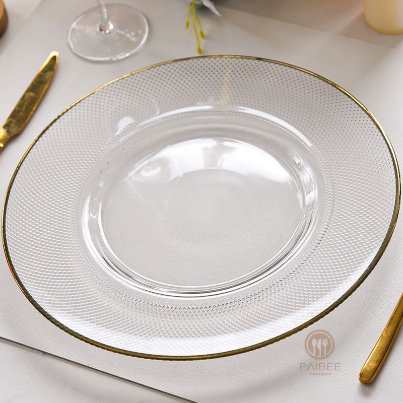 Multi-Color Grid Pattern Metallic Rim Crystal Glass Charger Plate with Custom Options