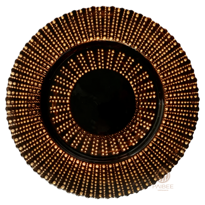 Multi-Color Beaded Dot Pattern Crystal Glass Charger Plate with Custom Options 二、产品关键词（7 个框，覆盖所有卖点）