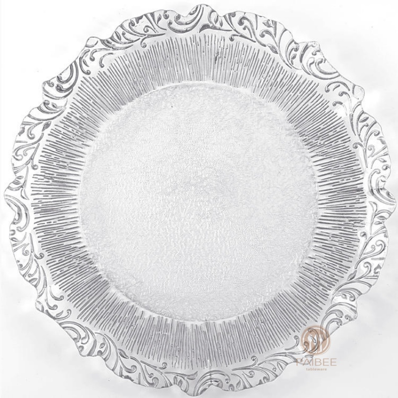 Multi-Color Baroque Ornate Rim Crystal Glass Charger Plate with Custom Options