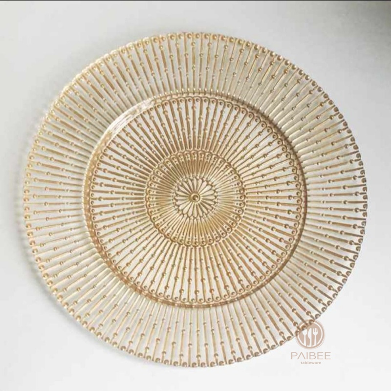 Radiant Clear Sunburst Crystal Glass Charger Plate with Custom Color Options