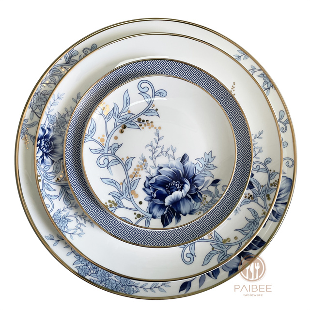 BLUE Factory Custom Print Pattern Ceramic Dinnerware Plate Hotel Gold Rim Charger Plate Bone China Dinner Plate Set For Restaurant