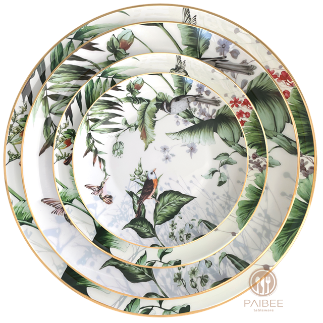 Gold Rim Leaf And Bird Porcelain Plate
