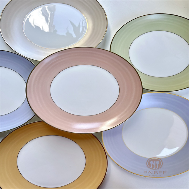Simple multi-colored bone china plate with gold rim