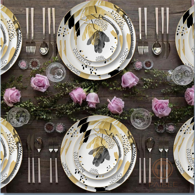 Banana Leaf Pattern Bone China Dinner Plate Plant Elegant Ceramic Plate