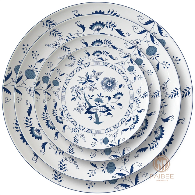 Wholesale Blue Flower Tableware Restaurant Wedding Dinner Plate Set Dishes Porcelain Ceramics Plates Dinnerware For Home