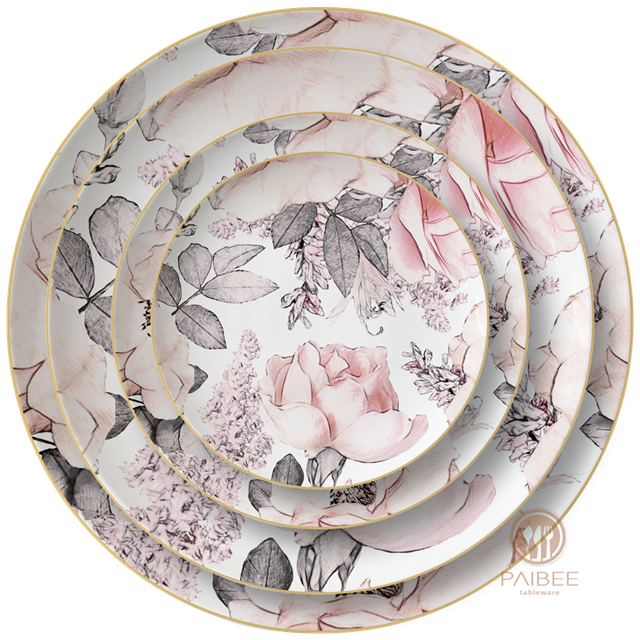 Creative And Beautiful Floral American Pastoral Style Ceramic Dinner Plate with Gold Edge