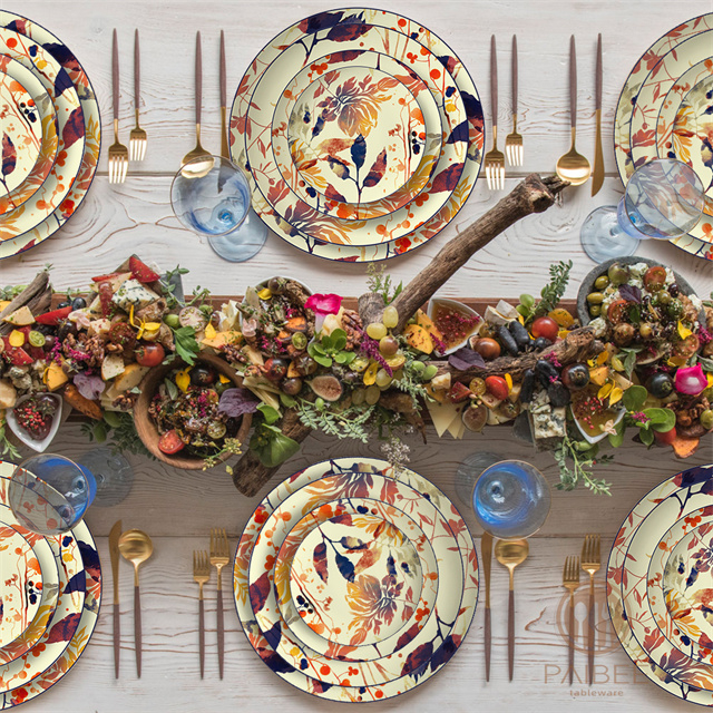 Countryside autumn pick with berry leaves and old warm yellow background vintage bone china plate