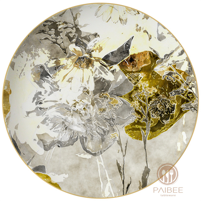 Gold And Silver Toned Bone China Plate with Detailed Abstract Floral Pattern