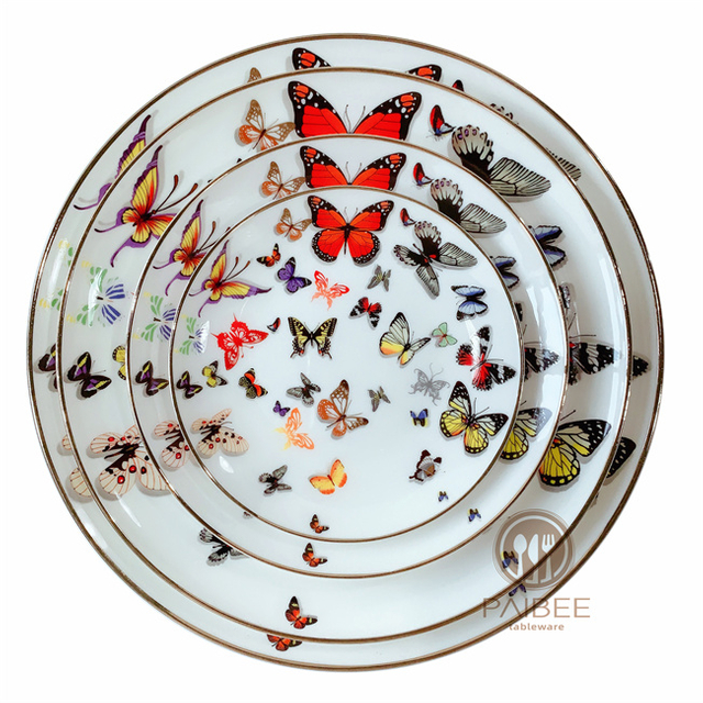 Wholesale Butterfly Pattern Wedding Dinner Plate Decorative Gold Rim Bone China Dinnerware