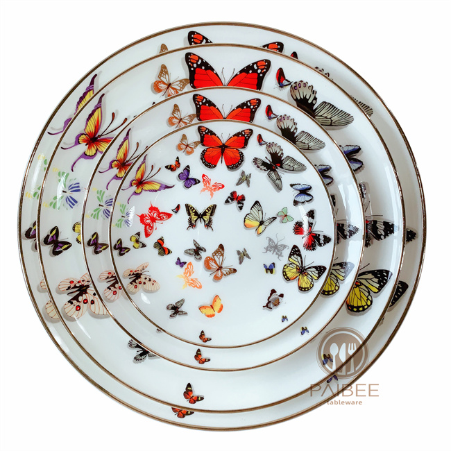Wholesale Butterfly Pattern Wedding Dinner Plate Decorative Gold Rim Bone China Dinnerware
