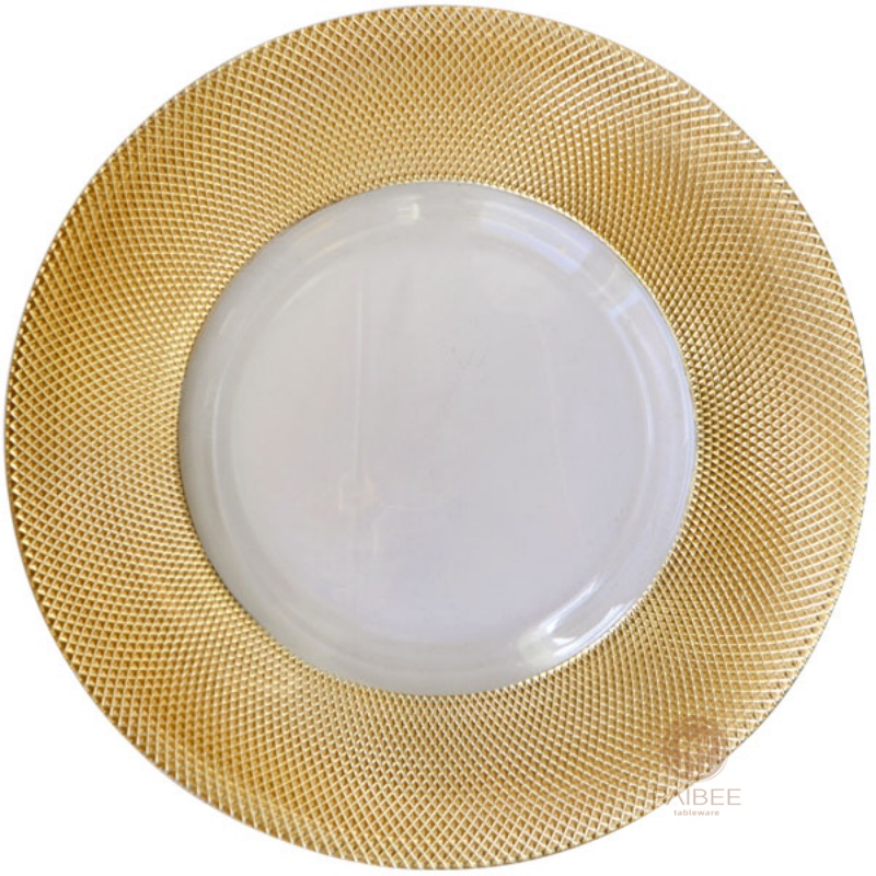 Multi-Color Grid Pattern Metallic Rim Crystal Glass Charger Plate with Custom Options