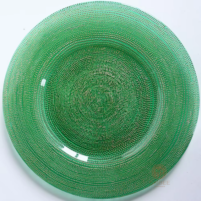 Multi-Color Concentric Dot Pattern Crystal Glass Charger Plate with Custom Options