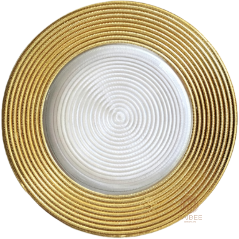 Multi-Color Concentric Circle Ribbed Crystal Glass Charger Plate with Custom Options