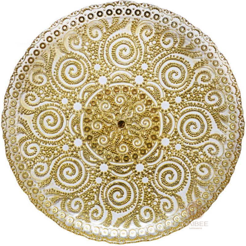 Multi-Color Ornate Swirl Embossed Crystal Glass Charger Plate with Custom Options