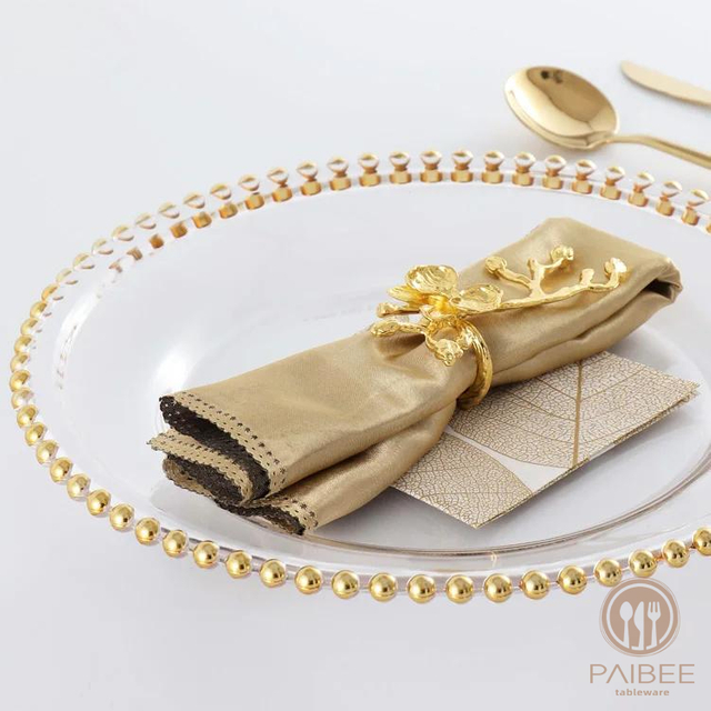 Gold Beaded Round Glass Charger Plates, Event Tabletop Decor