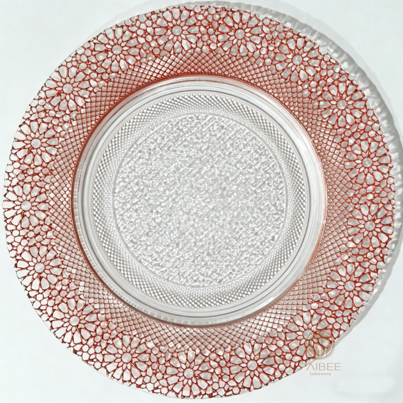 Multi-Color Jewel-Embossed Rim Crystal Glass Charger Plate with Custom Options