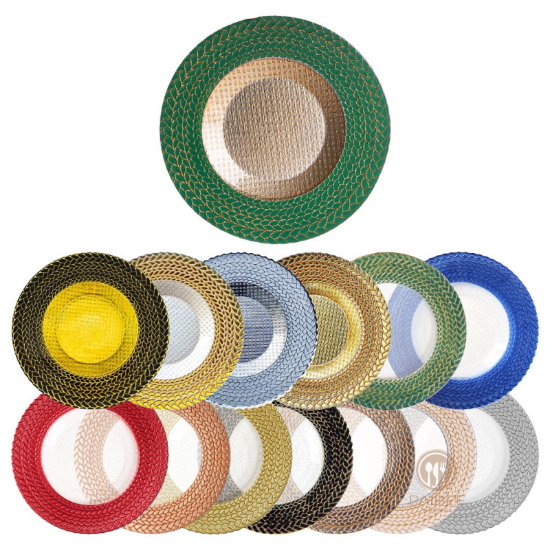 Multi-Color Braided Pattern Rim Crystal Glass Charger Plate with Assorted Finishes