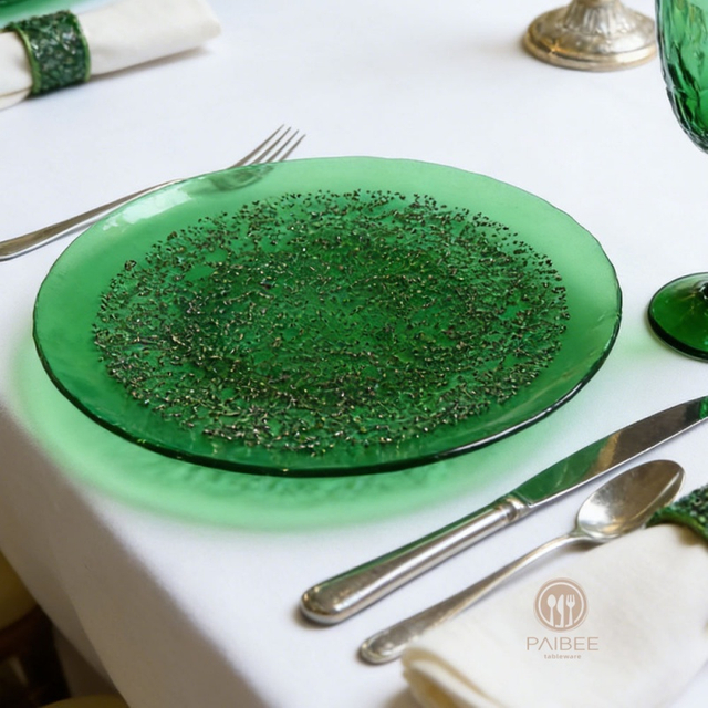 Multi-Color Metallic Speckle Pattern Crystal Glass Charger Plate with Layered Nesting Set
