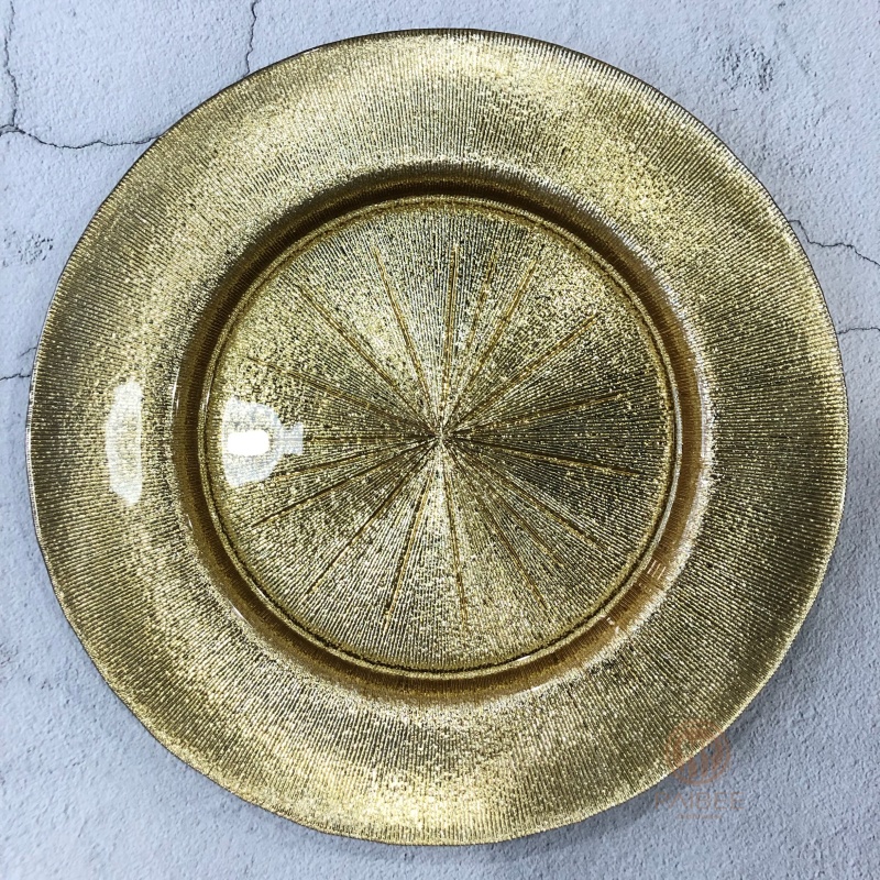 Multi-Color Radial Sunburst Textured Crystal Glass Charger Plate with Metallic & Solid Options