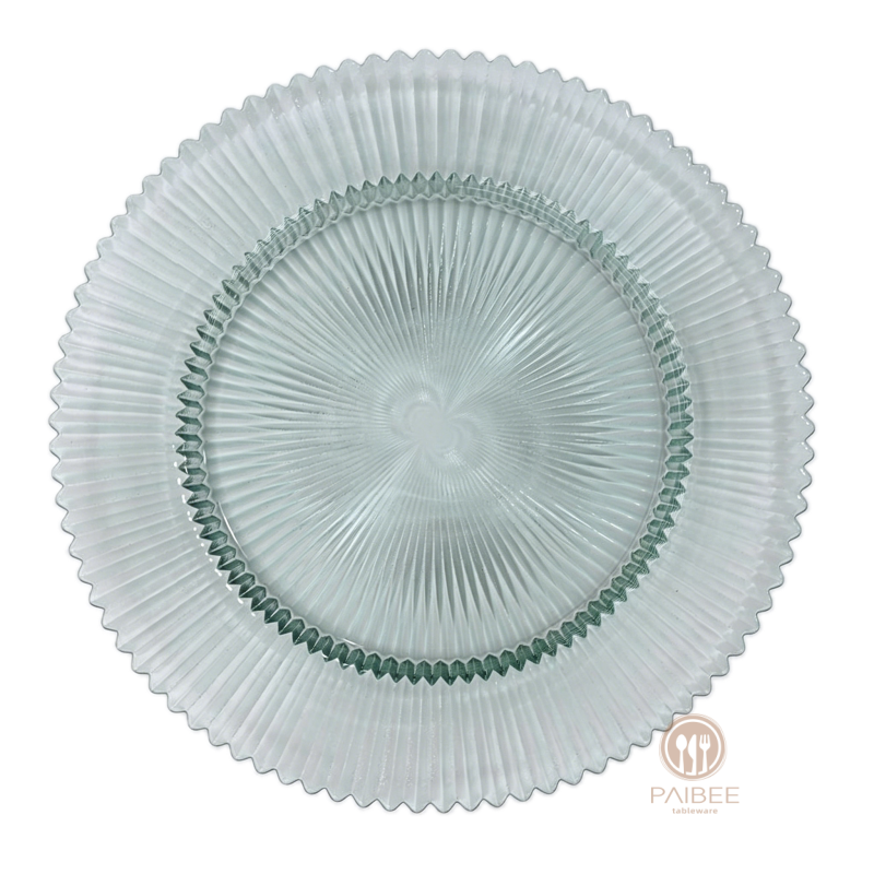 Multi-Color Pleated Rim Crystal Glass Charger Plate with Metallic Center Accent