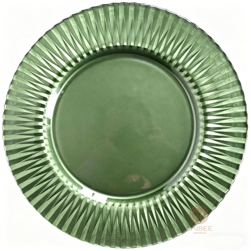 Multi-Color Sunburst Pleated Rim Crystal Glass Charger Plate with Solid & Clear Center Options