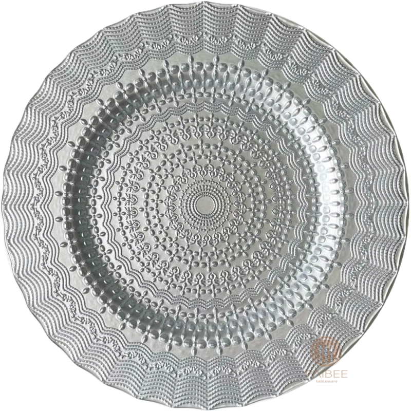 Multi-Color Mandala Lace Embossed Crystal Glass Charger Plate with Metallic & Transparent Finishes