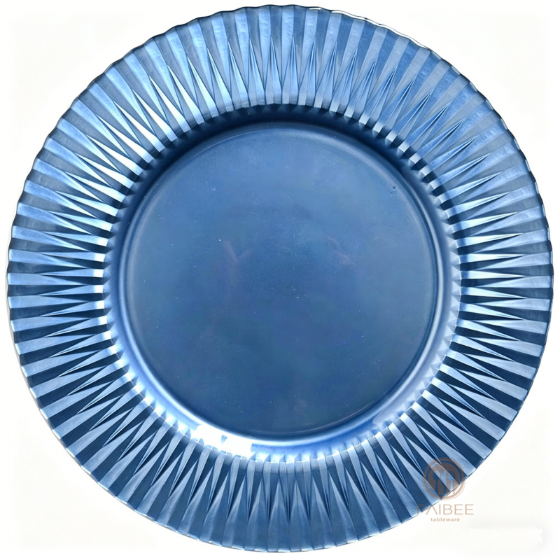 Multi-Color Sunburst Pleated Rim Crystal Glass Charger Plate with Solid & Clear Center Options