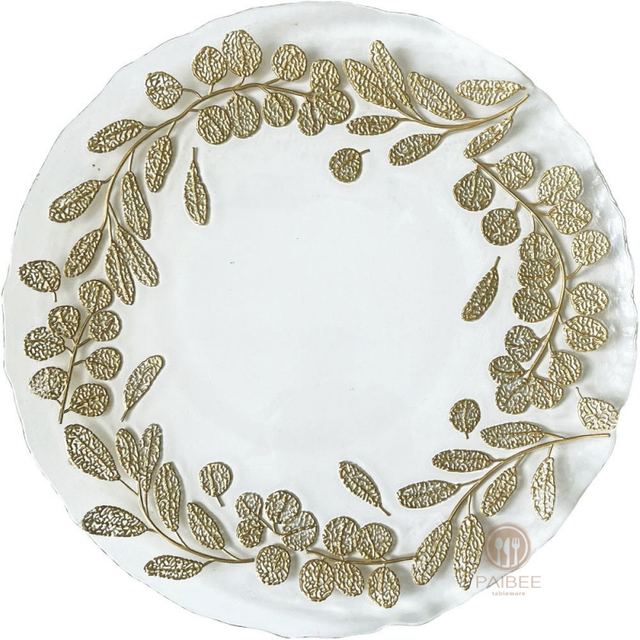 Multi-Color Metallic Leaf Wreath Crystal Glass Charger Plate with Gold & Silver Finishes