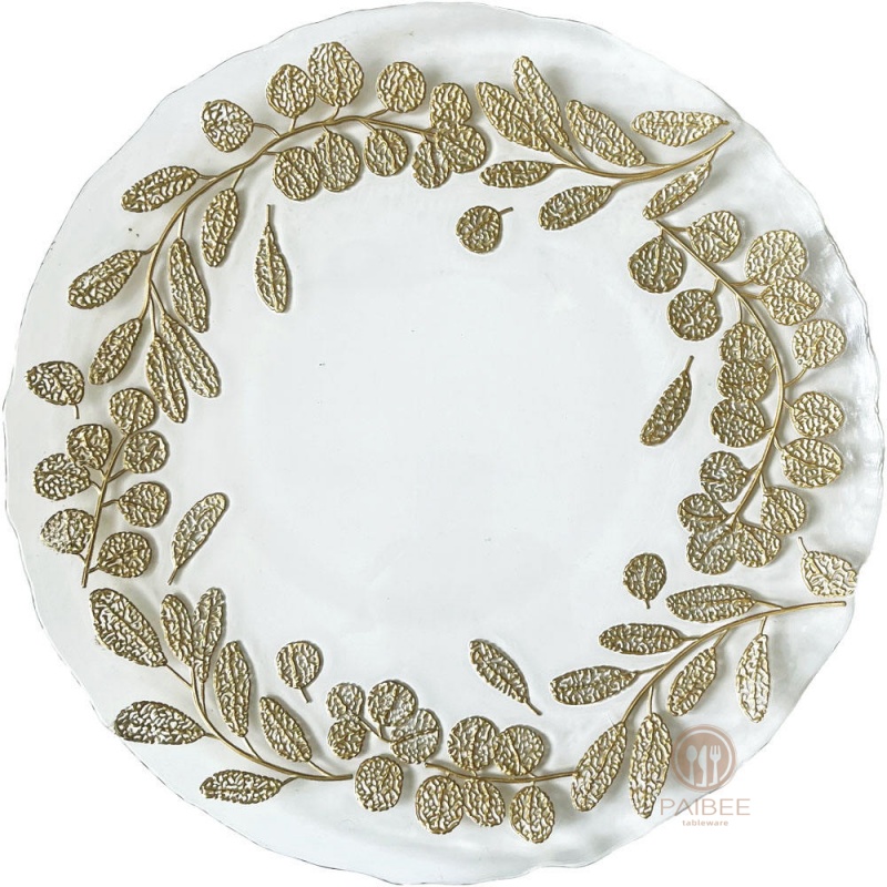 Multi-Color Metallic Leaf Wreath Crystal Glass Charger Plate with Gold & Silver Finishes